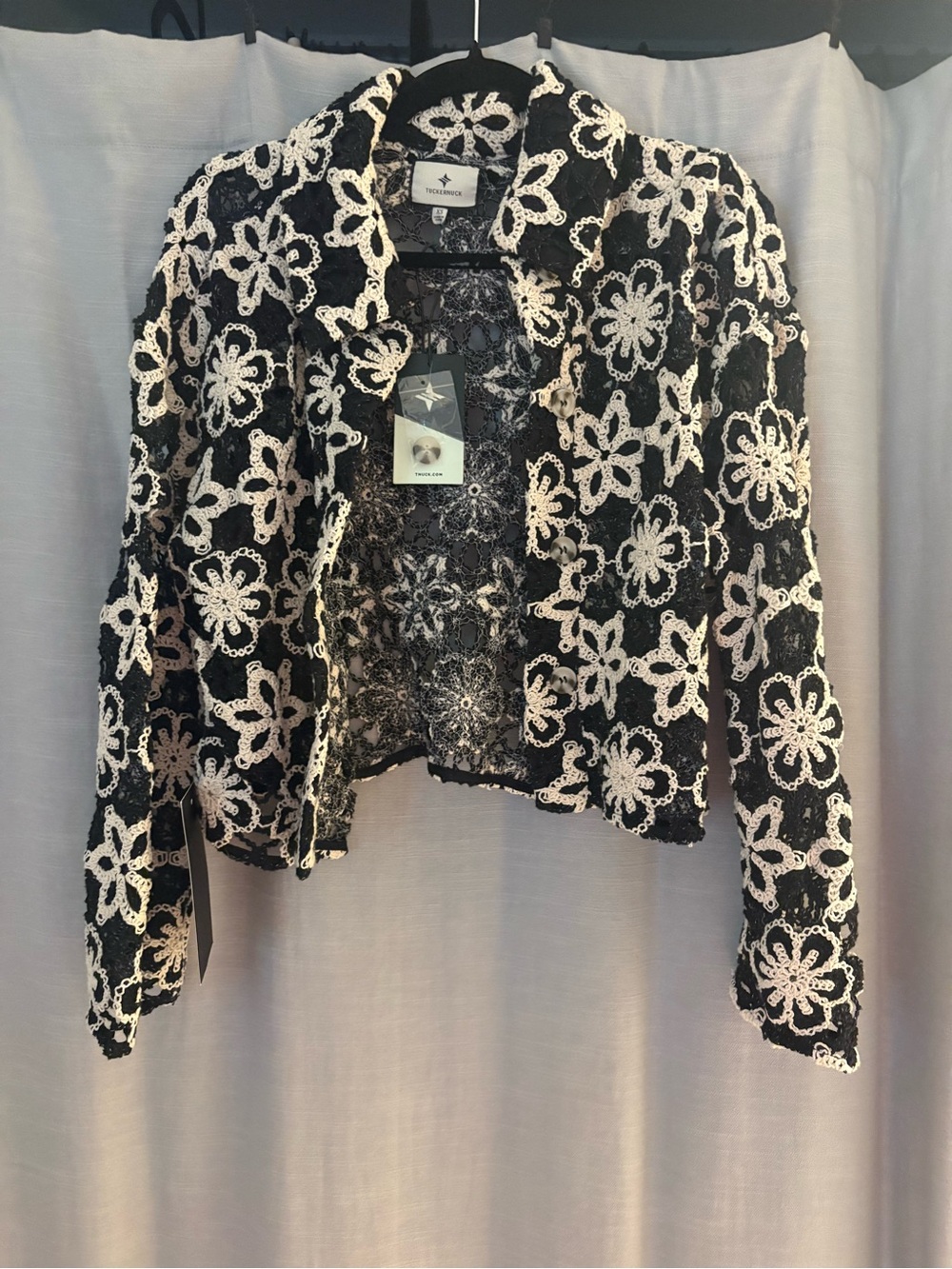 Tuckernuck Black Crochet Floral Jacket with Cream Accents